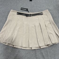 PrettyLittleThing Stone Pinstripe Tailored Woven Belted Mini Skater Skirt