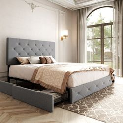 Full Size Upholstered Platform Bed Frame with 4 Drawers Storage and Diamond Stitched Button Tufted Headboard, Light Grey