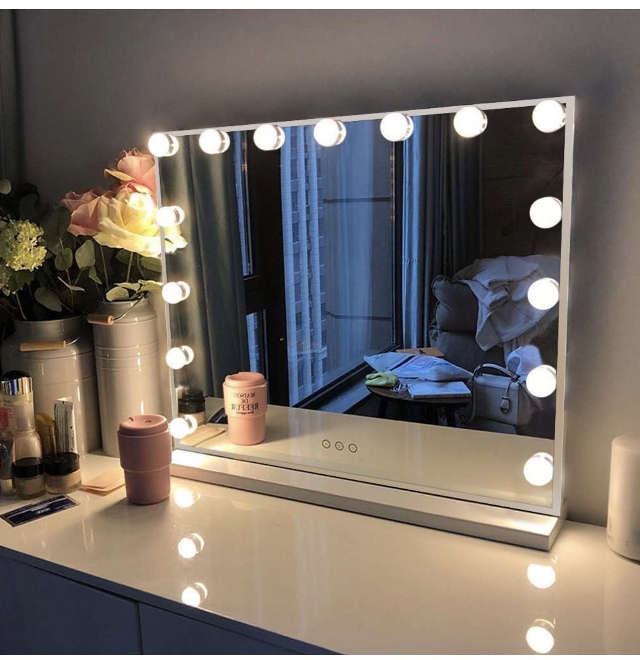 FENCHILIN Vanity Mirror with Lights, Hollywood Lighted Makeup Mirror with 15 Dimmable LED Bulbs for Dressing Room & Bedroom, Slim Metal Frame Design,