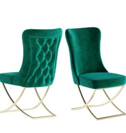 Ottomanson Royal Dining Chairs Set of 2 – Upholstered Tufted Microfiber, Assembled, Gold Metal Legs, Beech Wood Frame, 350 lb Capacity, Green