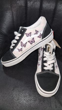 Vans Old Skool Checkerboard Skate Shoe- Little Kid- Black /White / Butterflies