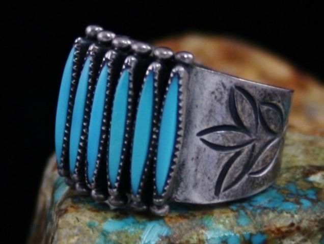 ZUNI J Janice Paloma 70s Sterling Silver LONG Turquoise Needlepoint Ring 8