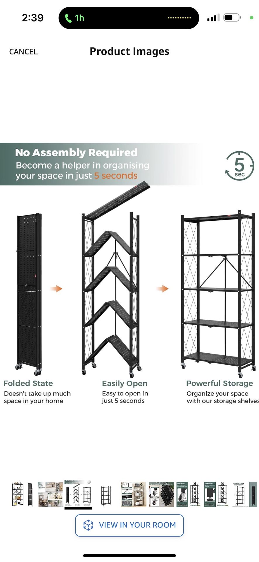 DEANIC Foldable Storage Shelves on Wheels, 5 Tier Shelves for Storage, Heavy Duty Metal Shelving Units, No Assembly Storage Rack for Garage, Kitchen, 