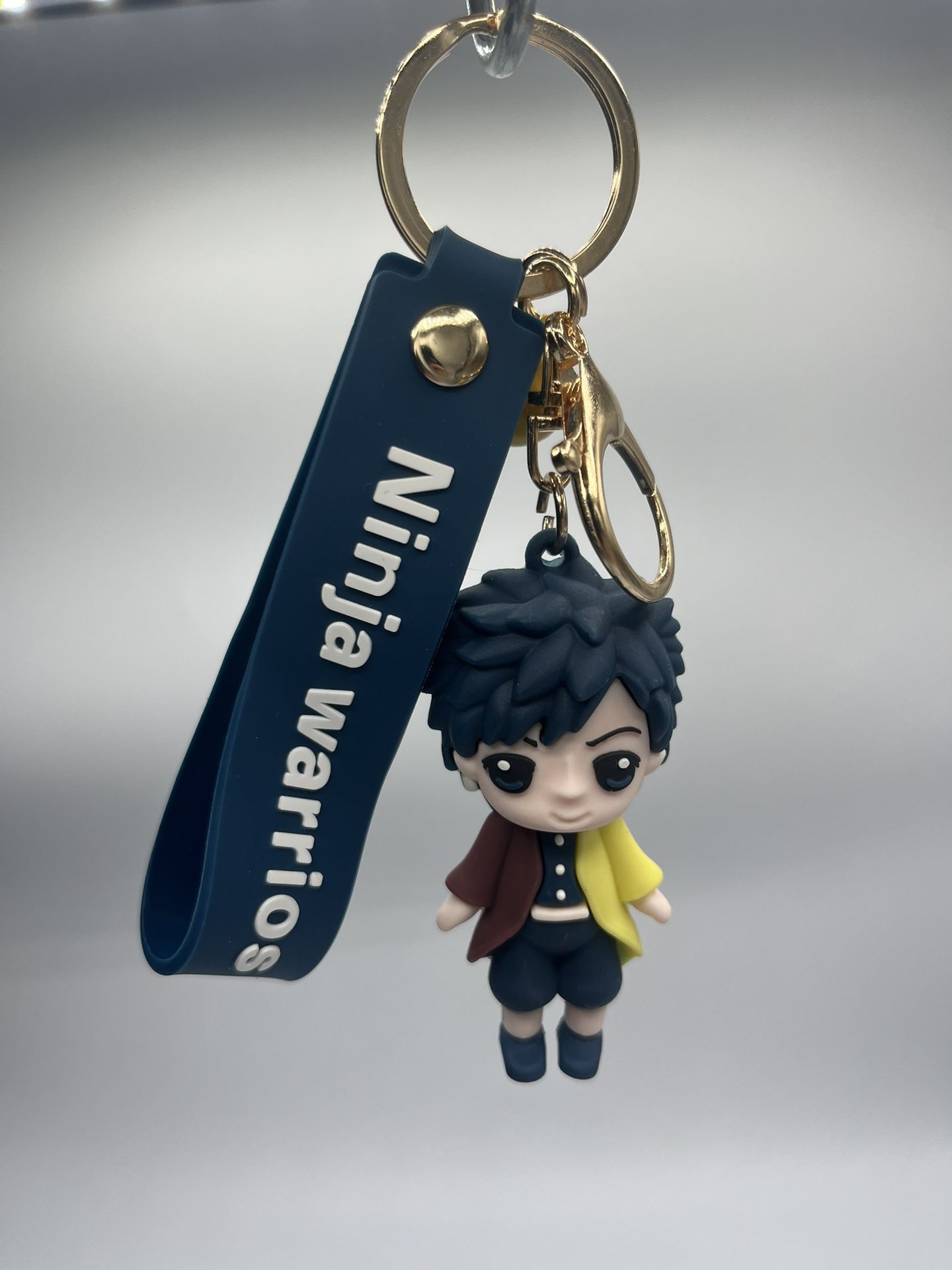 Anime Character Keychain with Rubber Figure, Navy Blue Name Tag and Bell Charm