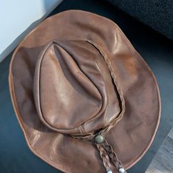 Vintage Brown Leather Cowboy Hat With Braid Detail