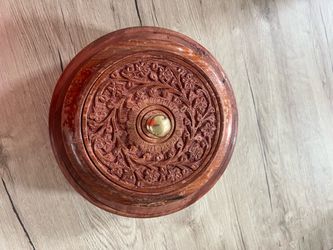 Hand-Carved Wooden Round Box with Brass Knob