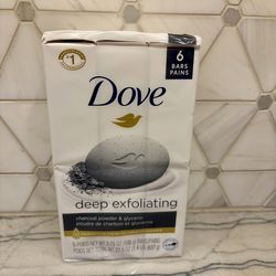 New pack of Dove Deep Exfoliating soap bars. Has charcoal powder and glycerin. Comes with 6 bars.