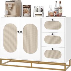 Buffet Cabinet with Storage, 47.2" Kitchen Storage Cabinet with Drawers, Rattan Bar Cabinet for Living Room, Entryway, Dining Room and Kitchen