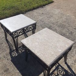 Vintage Wrought Iron Marble Cocktail Coffee Table With Matching Side Tables 