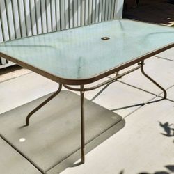 Outdoor Rectangular Gray Glass Top Patio Table With Umbrella Hole