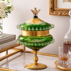 Italian 1960s Murano Style Empoli Art Glass Hand-Painted Green Compote, 6x11.5”