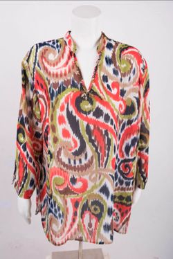 Alfred Dunner 👚Women's Shirt tunic blouse, SIZE: 18
Multicolor, w/Brown, Orange & Blues. Beaded neckline.