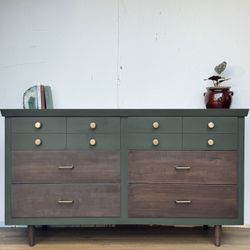 Mid Century Modern Green Wood Dresser 6 Drawers