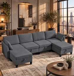Dark Gray Combination Reversible 4-Seater Modular Sofa with Storage Ottomans, Rivet Design Convertible.