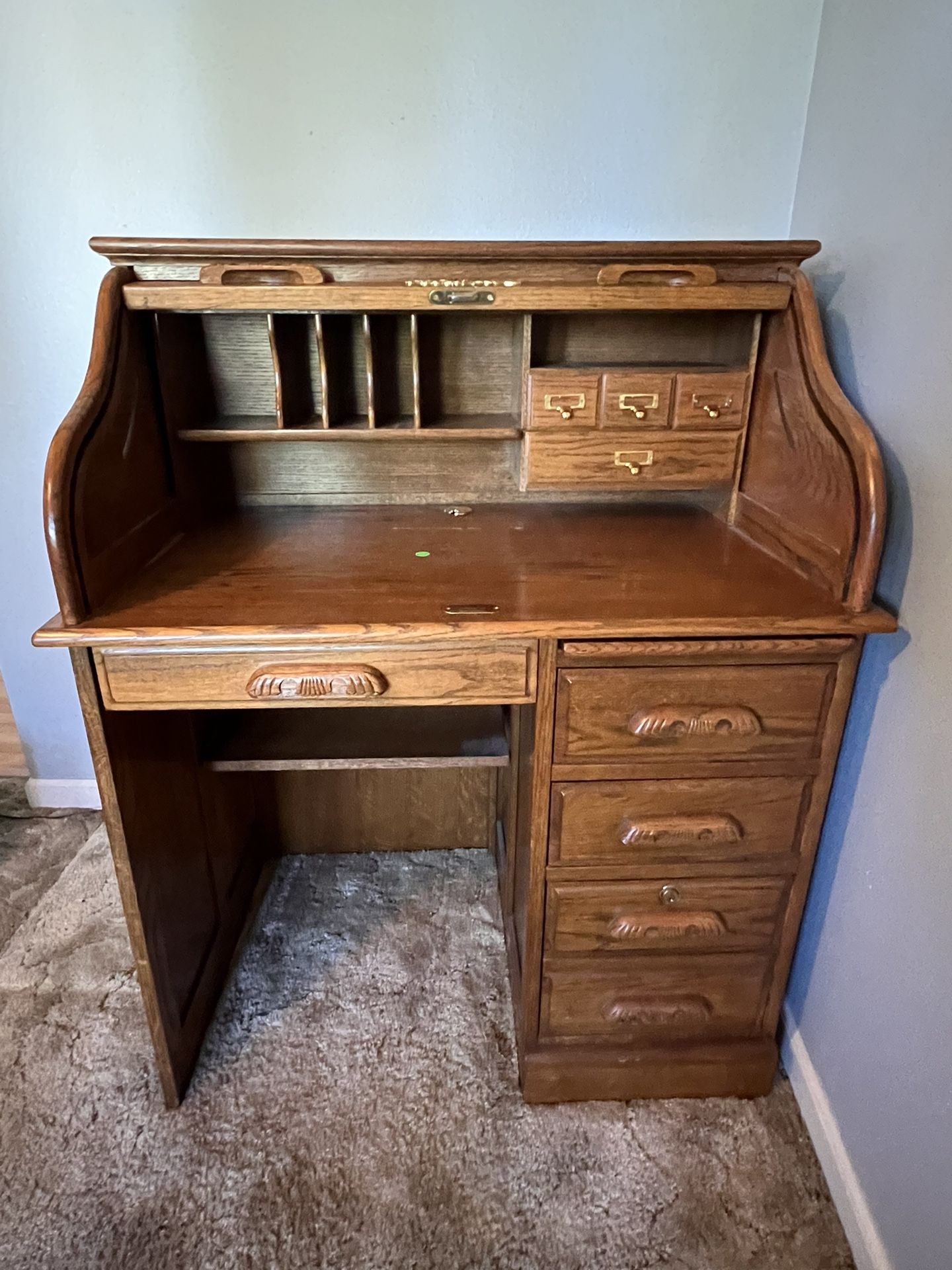 Vintage Solid Oak Roll Top Desk