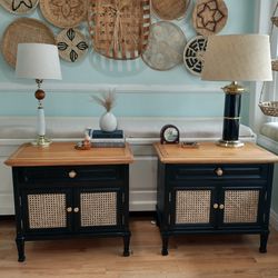  Nightstands, Set Of 2, Restored, Black With Rattan Accents (See Description For Details)