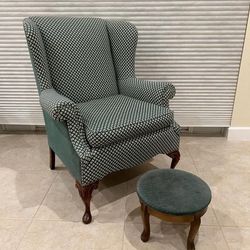 Newly Upholstered Green And White Quatrefoil Wingback Chair And Ottoman