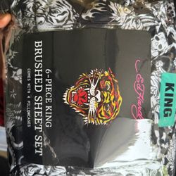 Ed Hardy Tattoo Black-And-White Skull Tiger King Size Bedding, Set Sheet Sheets