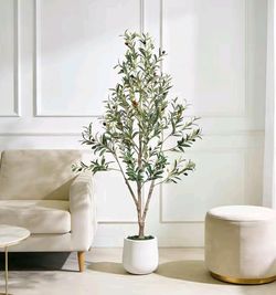 Artificial Olive Tree, 5Ft Indoor Faux Olive Tree With White Planter Realistic Faux Plant Featuring Realistic Wood Trunk and Lifelike fruit, Ideal for