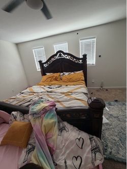 Wood cal king bed frame dresser with mirror and one night stands