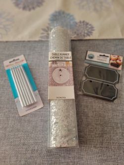 3 Items ALL NEW: Silver Sequence Table Runner, 12 Silver Skinny Candles & Tent Cards