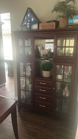 Dark Cherry Wood China Cabinet with Glass Doors