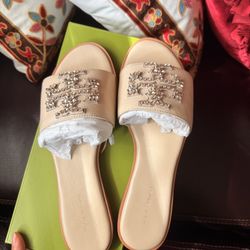 Tory Burch Everly Goat Leather Embellished Slide Dulce De Leche size 7.5