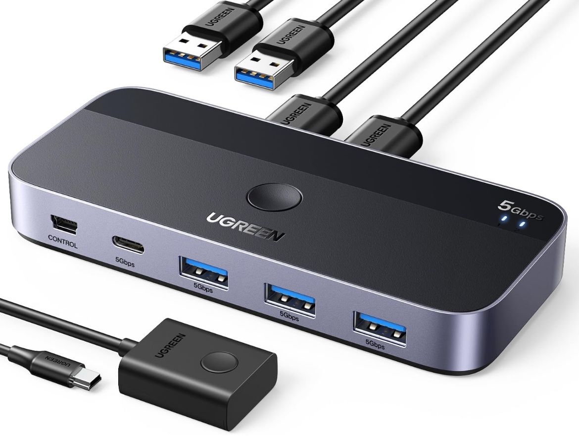 UGREEN USB 3.0 Switch 2 Computers Sharing USB C & A devices, 4 Port USB Switcher Sharing Keyboard and Mouse, Printer/Scanner USB Switch Hub for Two Co