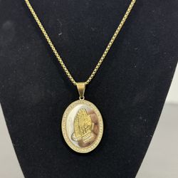 Gold Tone Stainless Steel Praying Hands Charm Pendant Necklace Box Chain 24 inch