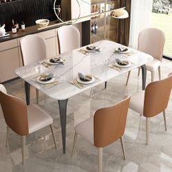 Dining Table with Marble Sintered Stone, White 59"