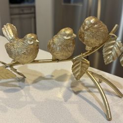 Gold Birds On Branch with Flowers and Leaves Decor