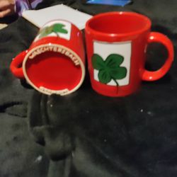 Vintage Waechtersbach Germany Red And White Mugs With Green 4 Leaf Clover On Front 