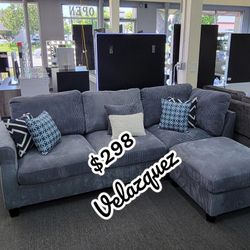 ✅️✅️ 3 pc  Dark grey, corduroy sectional  fabric upholstered sectional sofa with ottoman ✅️✅️