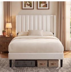 Cream Upholstered Bed Frame with Wingback Headboard