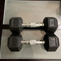 Pairs Of Hexagonal Cast Exercise 10lb Dumbbell Weights w/Contoured Grips