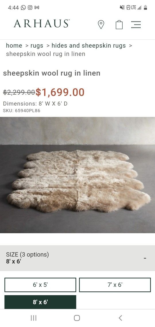 Arhaus Sheepskin Wool Rug (8' X 6')