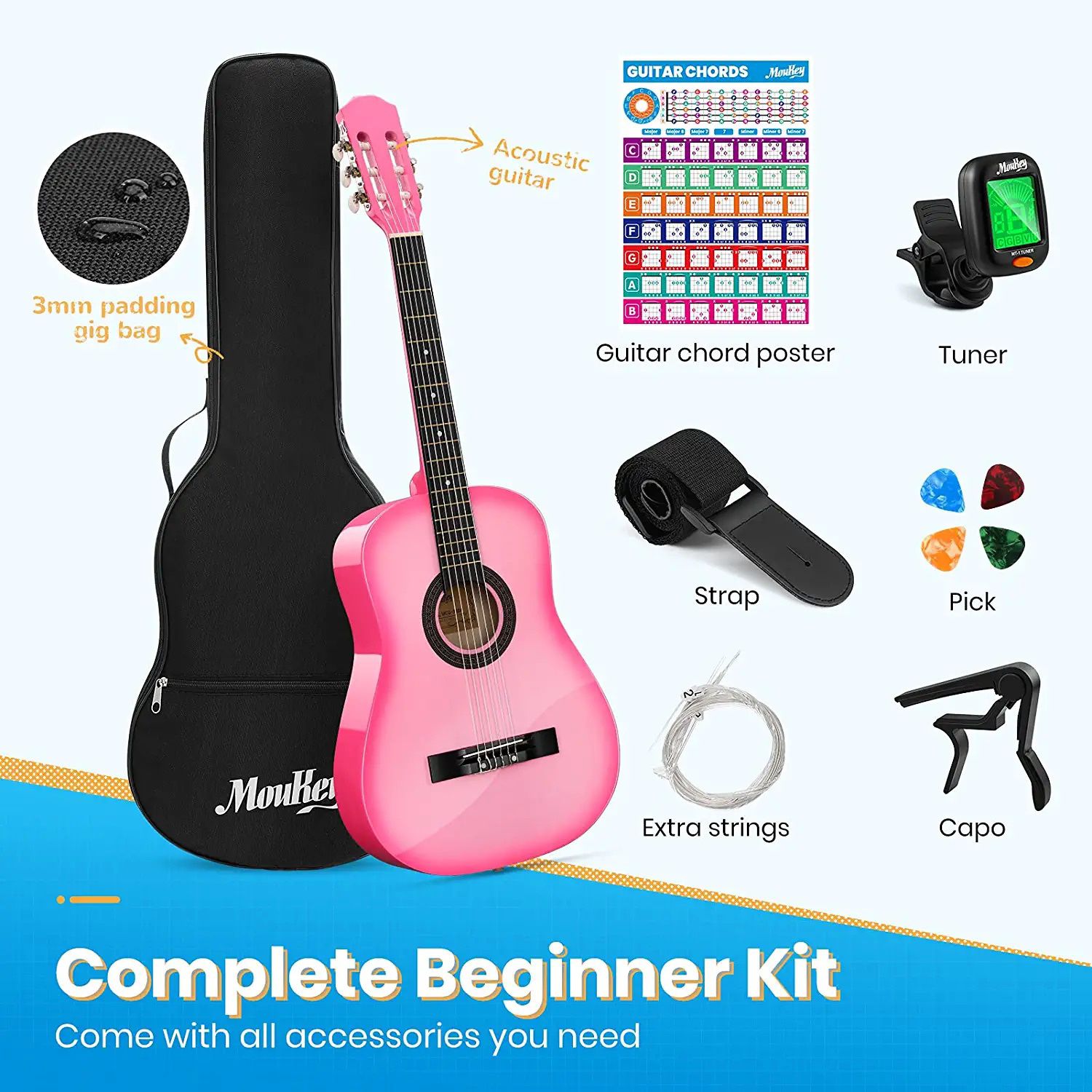 Pink 38” 3/4 Size Sz Acoustic Practice Classical Guitar Beginner Adult Teen Complete Kit Gig Bag Chord Poster Tuner Picks Nylon Strings Capo Strap NIB