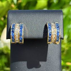 14k yellow gold Vintage Art Deco Natural 3.1CTW Sapphire & 1.05CTW Diamond Channel setting Earrings