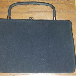 Harry Levine HL USA Black Clutch Purse Evening Bag Gold Hardware Vintage 1950's.  Kissing clasp & hard carry handles.