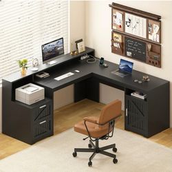 Modern Black Reception Desk L-Shape with Drawers and Cabinet