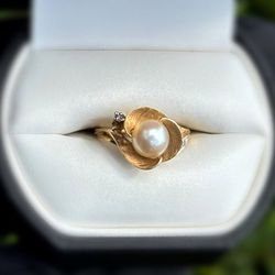 Jewelry 14k solid yellow gold natural diamonds pearl 1.30CTW flower ring size 5.50