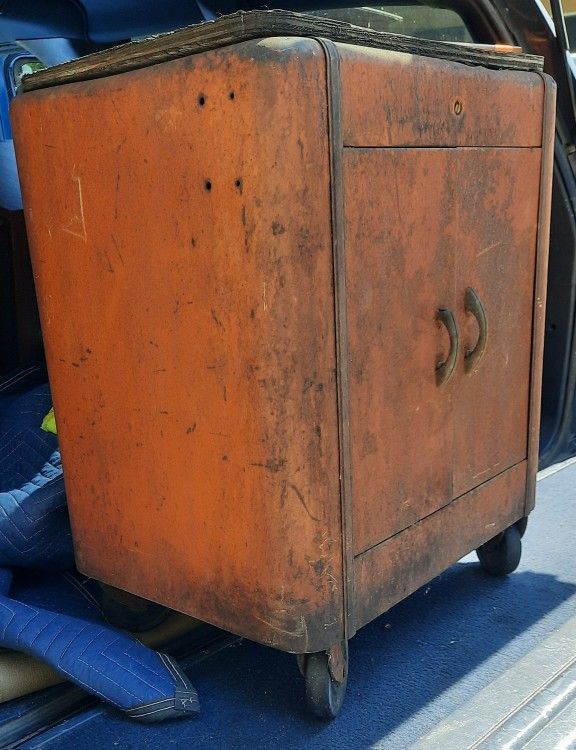 1940's Industrial Folded Steel 2 Door CABINET with shelf, wheels, wood top, and natural rusty patina And More