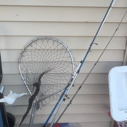 3 Fishing Poles & Net. 