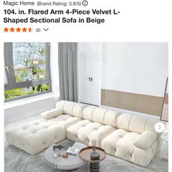104. in. Flared Arm 4-Piece Velvet L-Shaped Sectional Sofa in Beige