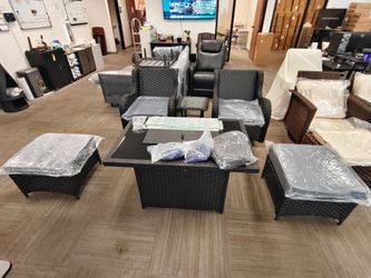 6 pcs Outdoor Wicker Patio Set with Fire Pit Table