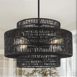 4-Light Black Boho Rattan Chandelier Light Fixture, 17.7” Hand Woven Rustic Chandeliers Farmhouse Chandelier Hanging Light for Dining Room Kitchen Isl