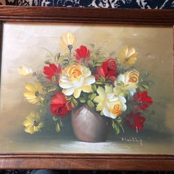 Vintage Floral Oil Painting Signed 16” C 18” Wood