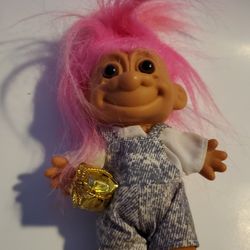 4" Vintage Russ Troll Doll Pink Hair Overalls Present