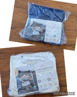 4 Pcs Full Size Satin Sheet Bed Sheets Set, Ivory White or Navy Blue