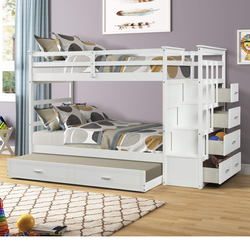 Bunk bed with third trundle bed and extra storage cabinets all in one